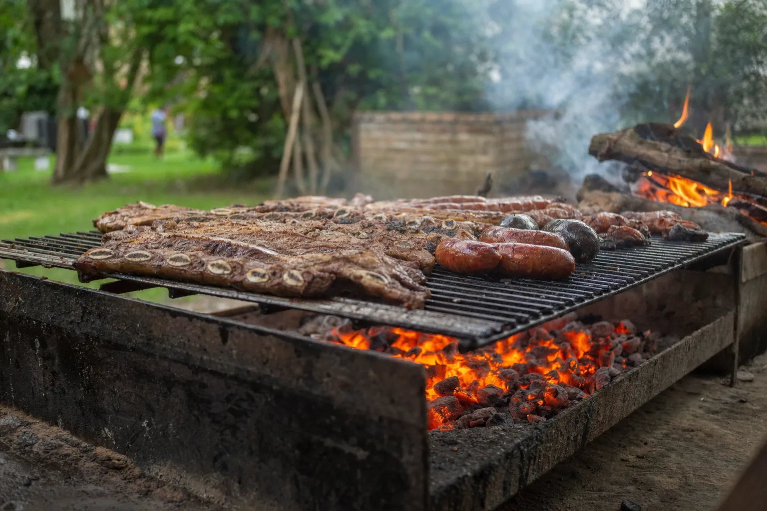 屋外の炭火の焼き網で焼かれる骨付きカルビとソーセージ。奥で薪が燃えている