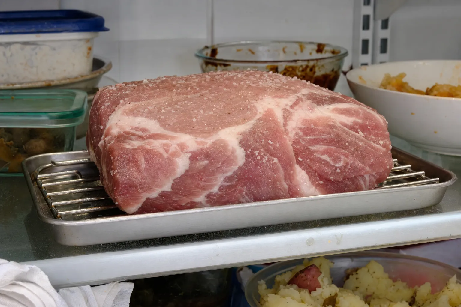 冷蔵庫の棚で、焼き網をのせた金属のバットに置いた生の豚肩ロースの塊。ラップをかけずに置き、表面に粗塩の粒が見える