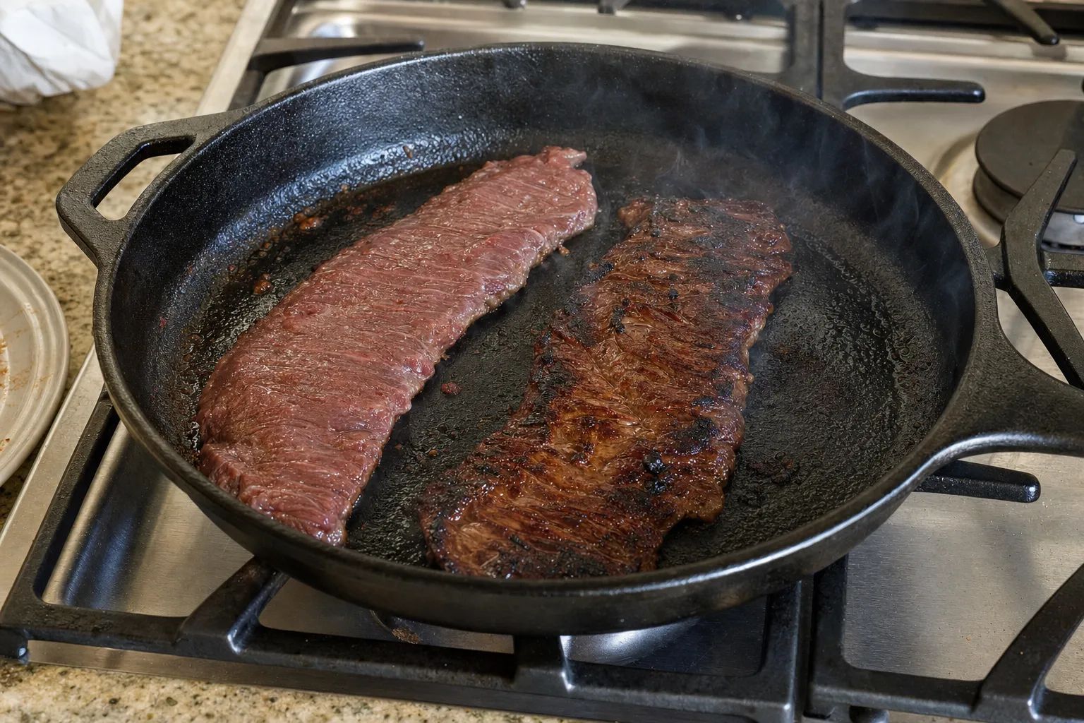 煙が立つ鋳鉄のスキレットで焼いているハラミ2枚。右の1枚は返したところで、濃い焼き色がついている